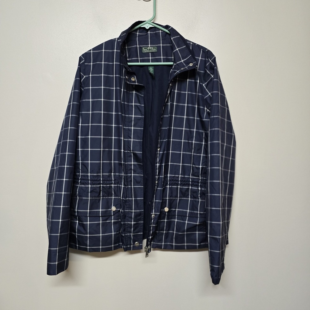 L-RL Ralph Lauren Active Womens Size L Blue Plaid Rain Coat Windbreaker NEW